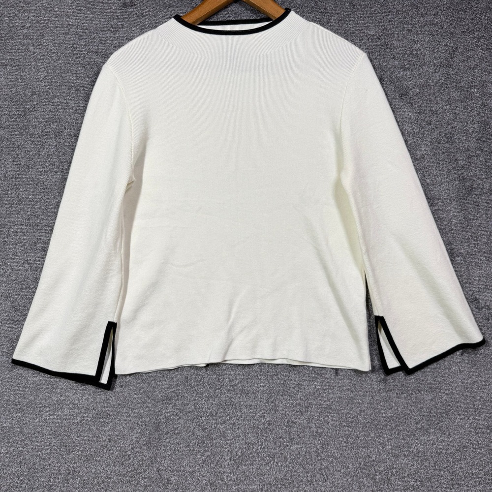 Halogen Sweater Womens M Ivory‎ White Ribbed Knit Top Black Trim Split Cuff